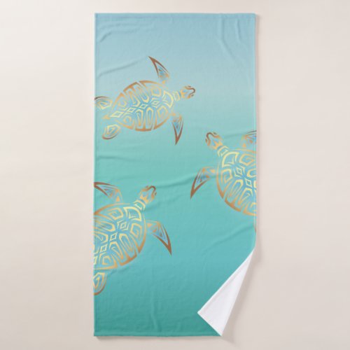 Gold Turquoise Turtles Bath Towel