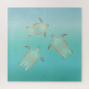 Gold Turquoise Turtles Jigsaw Puzzle