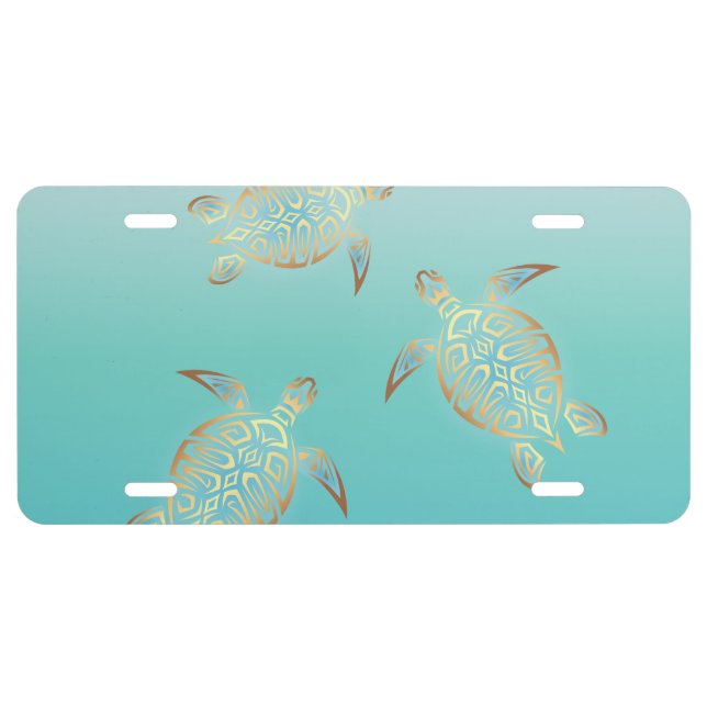 Gold Turquoise Turtles License Plate (Front)