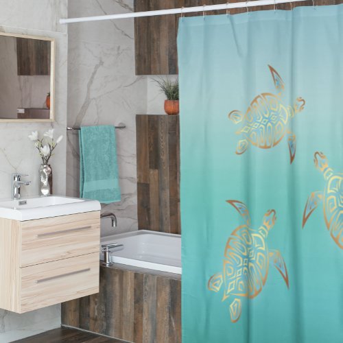 Gold Turquoise Turtles Shower Curtain