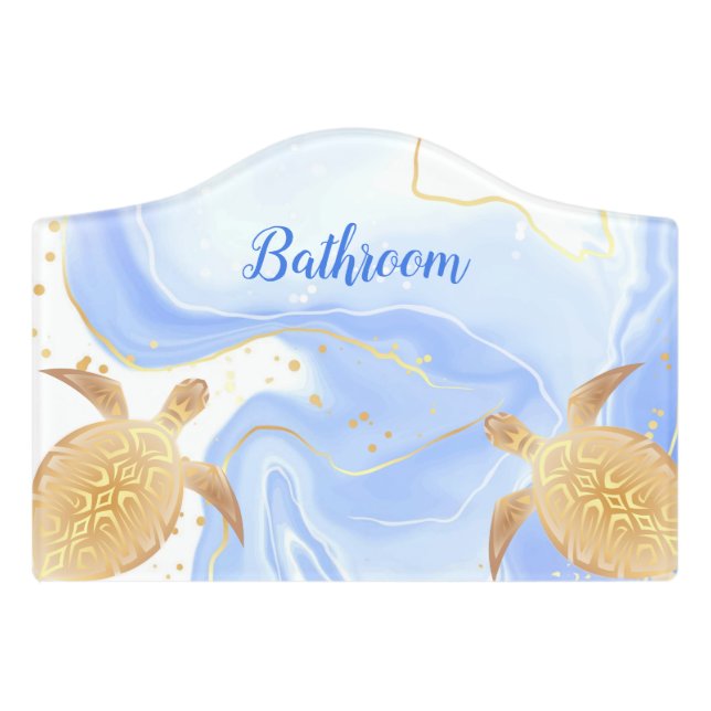 Gold Turtle Blue Ink Marble Monogram Bathroom Door Sign (Small Crest Front)