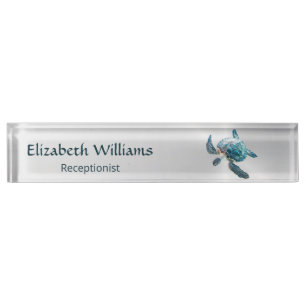 Gold Turtle Blue Watercolor Coastal Desk Name Plate