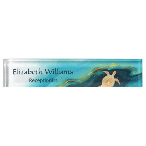 Gold Turtle Blue Watercolor Coastal Desk Name Plate