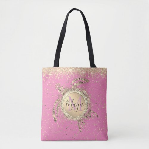  Gold Turtle Glitter Personalized on Pink  Tote Bag