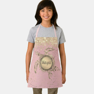 Gold Turtle Glitter Stars on Pink Personalized Apron