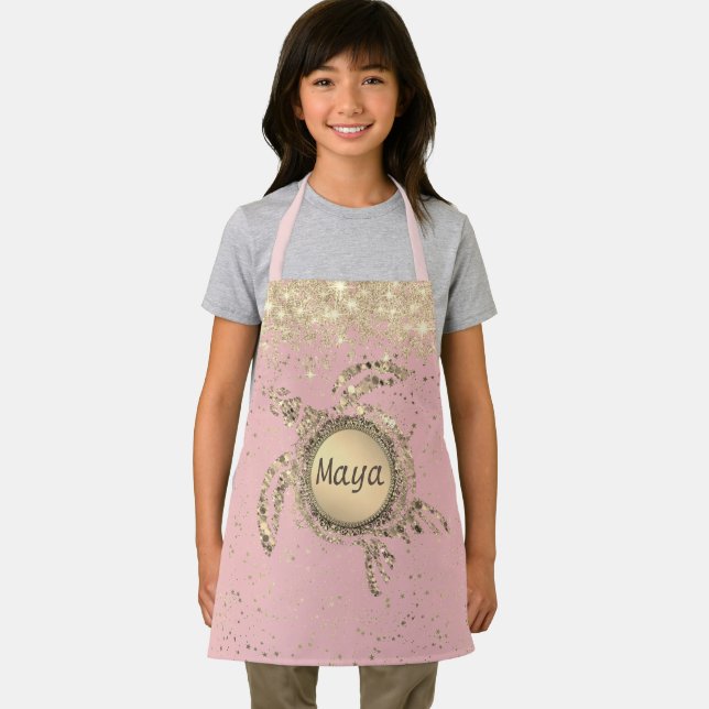Gold Turtle Glitter Stars on Pink Personalized Apron (Insitu)