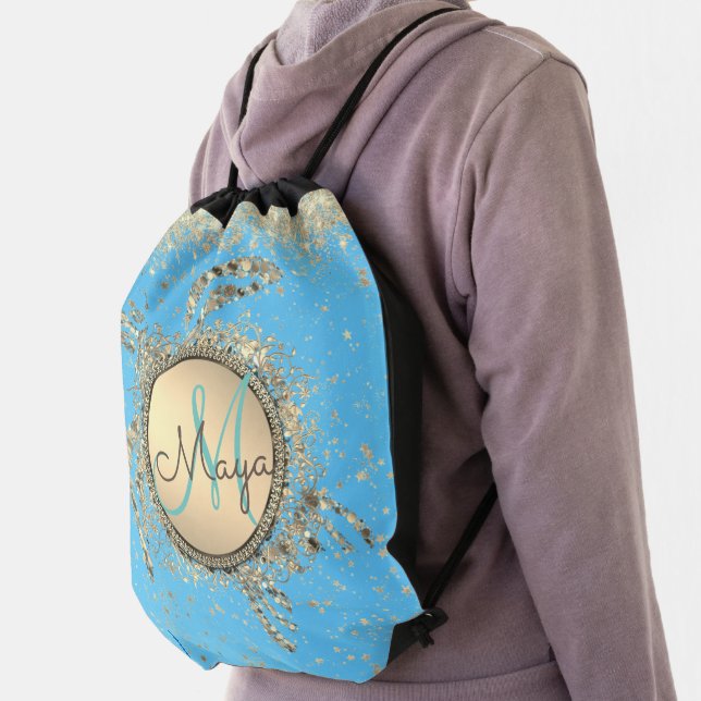 Gold Turtle Monogram Glitter stars on Blue  Drawstring Bag (Insitu)