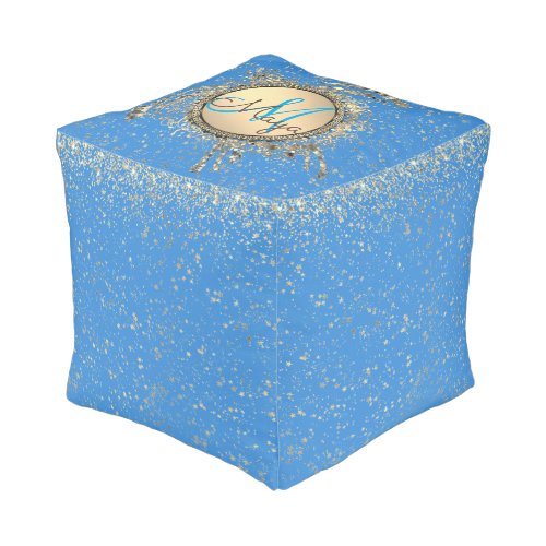 Gold Turtle Monogram Stars Glitter on Blue Pouf