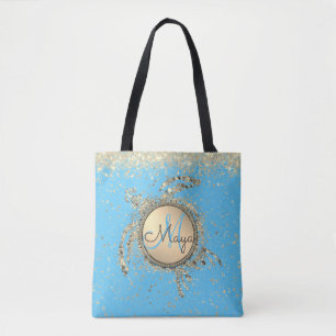 Gold Turtle Monogram Stars Glitter on BLue Tote Bag