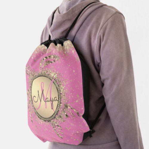 Gold Turtle Monogram Stars Glitter on Pink  Drawstring Bag