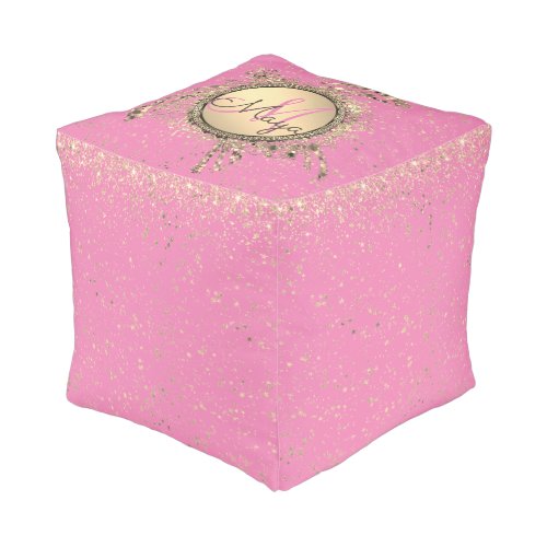 Gold Turtle Monogram Stars Glitter on Pink Pouf