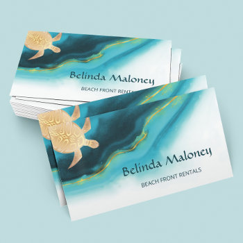Gold Turtle Teal Ink  Beach Front Rentals  Business Card by NinaBaydur at Zazzle