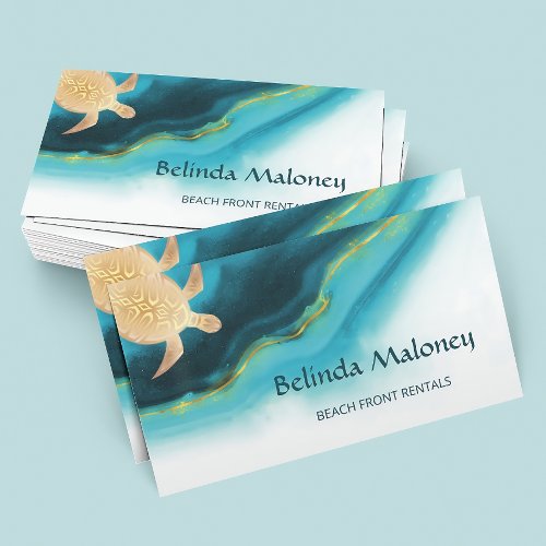 Gold Turtle Teal Ink  Beach Front Rentals  Business Card