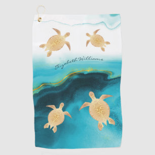 Gold Turtle Teal Ink Monogram Beach Golf Towel