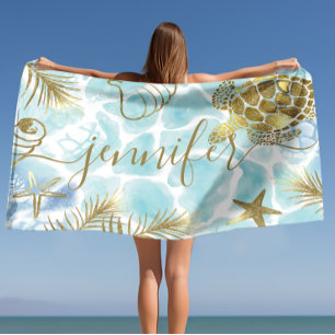 Gold Turtle Tropical Personalized Name Beach Towel