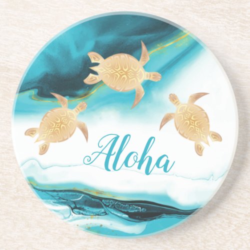 Gold Turtles Aloha Teal Ink  Coaster