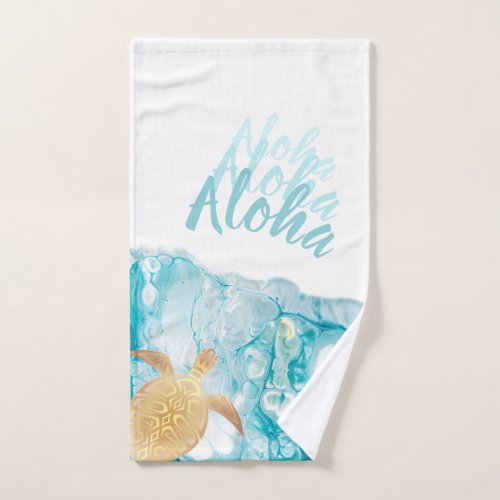 Gold Turtles Blue Ink Aloha Text Hand Towel