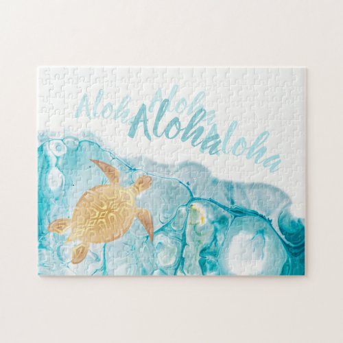 Gold Turtles Blue Ink Aloha Text   Jigsaw Puzzle