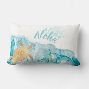 Gold Turtles Blue Ink Aloha Text Lumbar Pillow