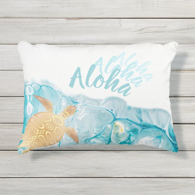 Gold Turtles Blue Ink Aloha Text  Outdoor Pillow (Front)