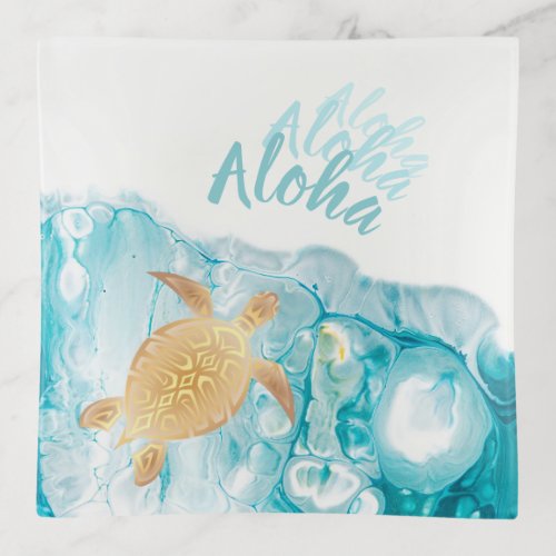 Gold Turtles Blue Ink Aloha Text   Trinket Tray