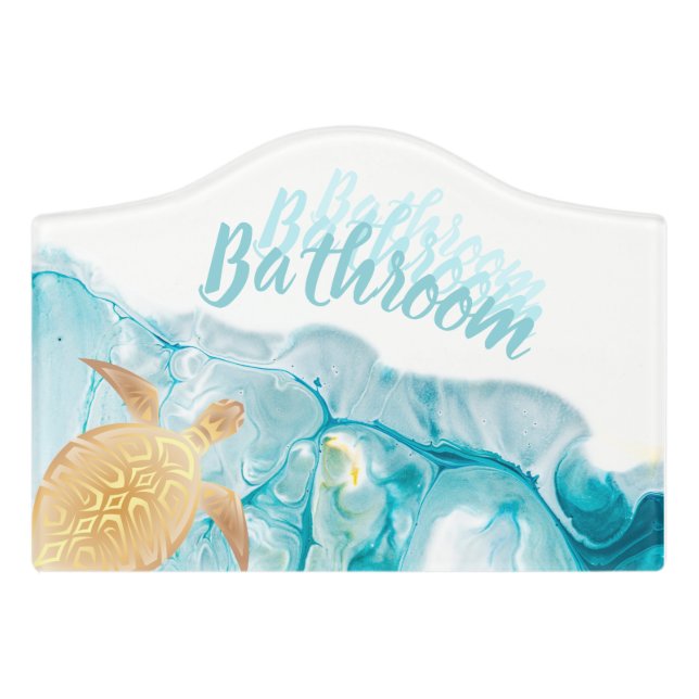 Gold Turtles Blue Ink Bathroom  Door Sign (Small Crest Front)