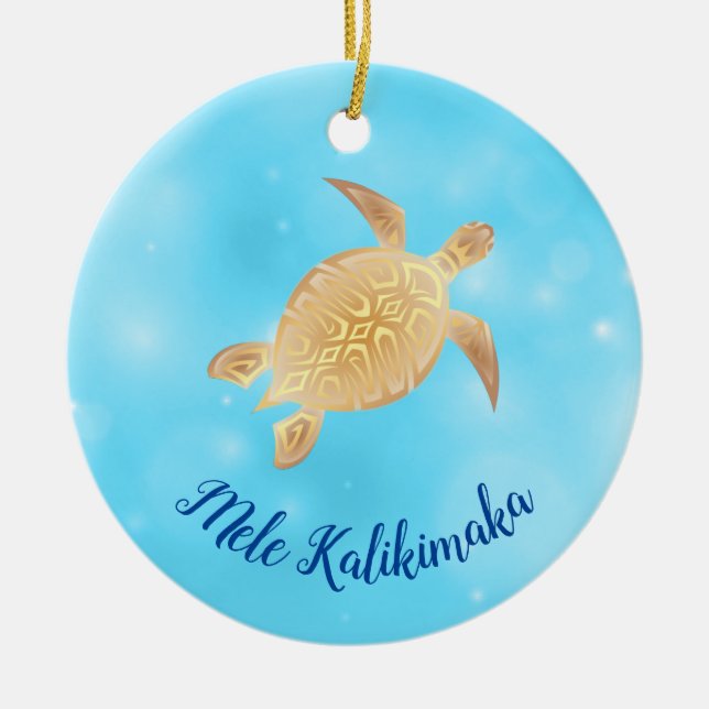 Gold Turtles Mele Kalikimaka Hawaiian Christmas Ce Ceramic Ornament (Front)