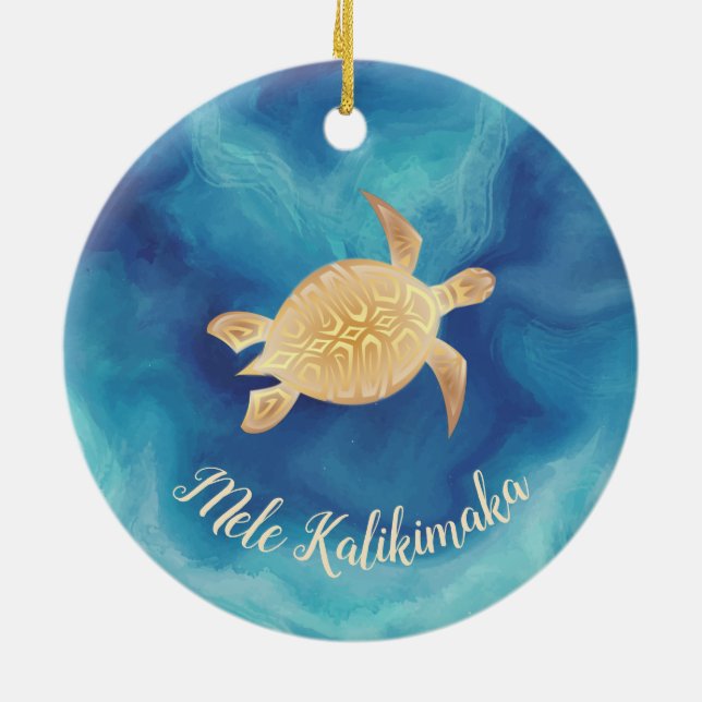 Gold Turtles Mele Kalikimaka Hawaiian Christmas Ceramic Ornament (Back)