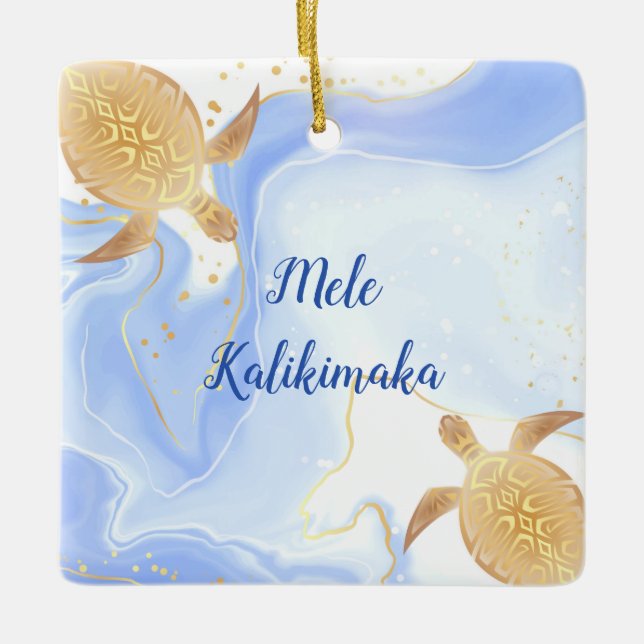 Gold Turtles Mele Kalikimaka Hawaiian Christmas Ceramic Ornament (Front)