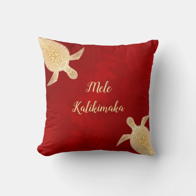 Gold Turtles Mele Kalikimaka Hawaiian Red  Throw Pillow (Front)