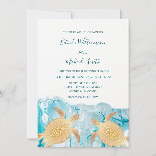 Gold Turtles Sky Blue Ink  Invitation (Front)
