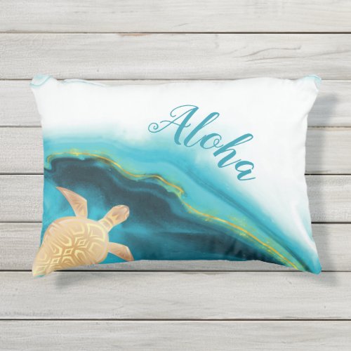 Gold Turtles Teal Ink Agate Aloha  Outdoor Pillow