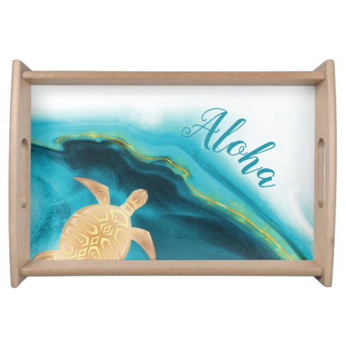 Gold Turtles Teal Ink Agate Aloha  Serving Tray