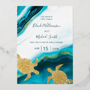 Gold Turtles Teal Ink Agate Wedding   Foil Invitation
