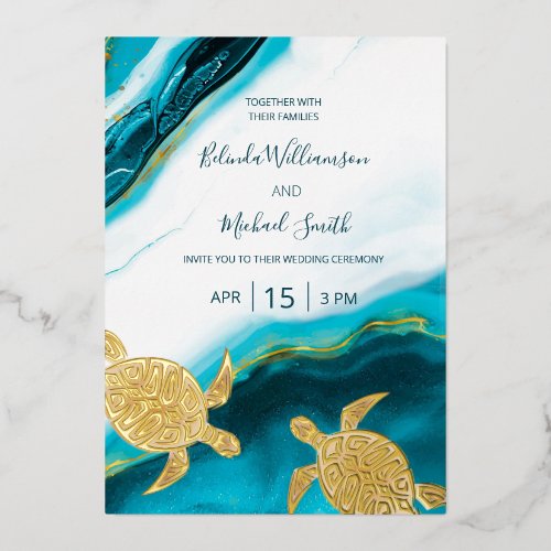 Gold Turtles Teal Ink Agate Wedding  