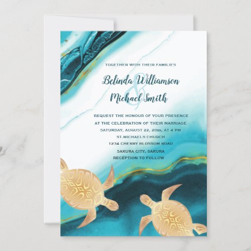 Gold Turtles Teal Ink Agate Wedding Invitation