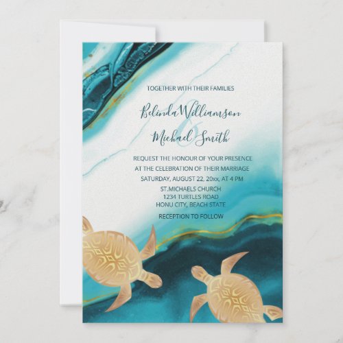 Gold Turtles Teal Ink Agate Wedding   Invitation