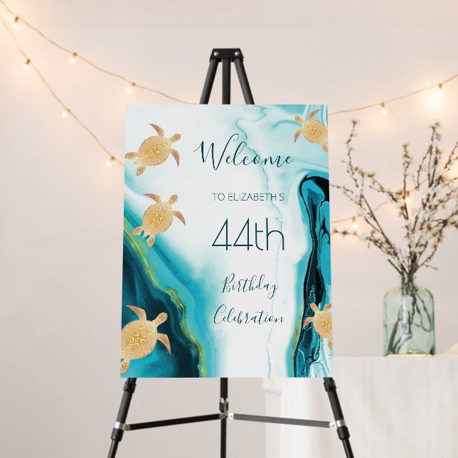 Gold Turtles Teal Ink | Custom Birthday Foam Board (In Situ (Stand))