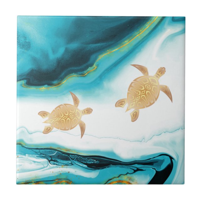  Gold Turtles Teal White Ink  Ceramic Tile (Front)