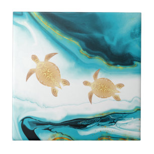 Gold Turtles Teal White Ink  Ceramic Tile