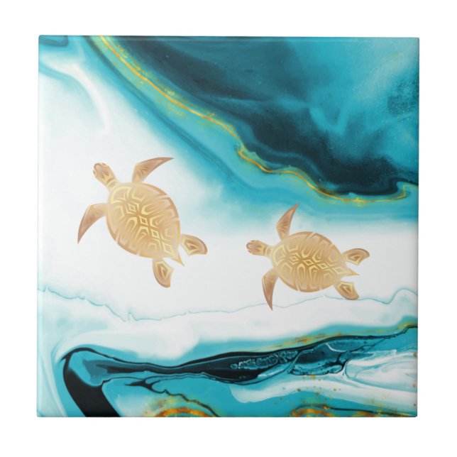  Gold Turtles Teal White Ink  Ceramic Tile (Front)
