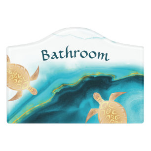 Gold Turtles Teal White Ink Custom Bathroom Door Sign
