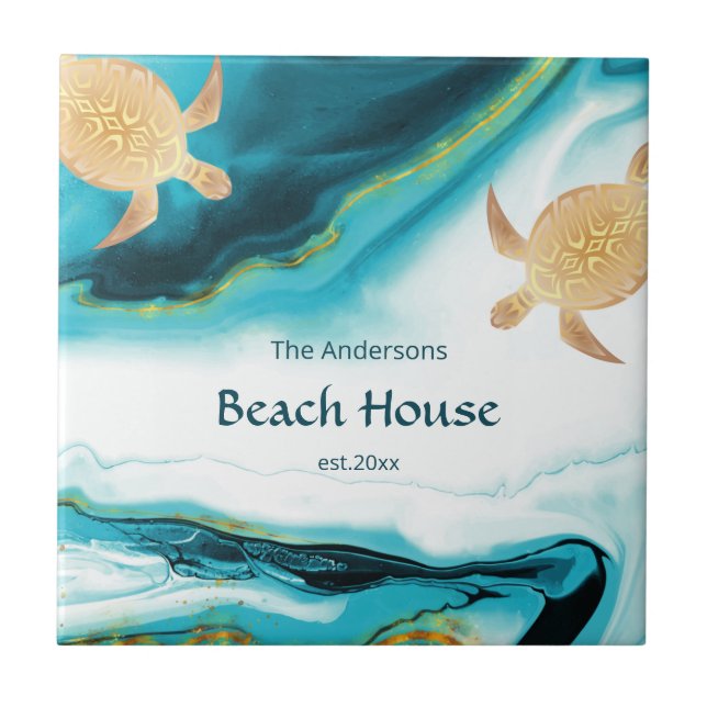  Gold Turtles Teal White Ink Family Name  Ceramic Tile (Front)