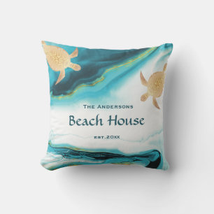  Gold Turtles Teal White Ink Family Name  Outdoor Pillow