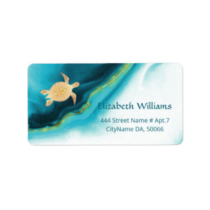 Gold Turtles Turquoise Watercolor Ink Coastal Label