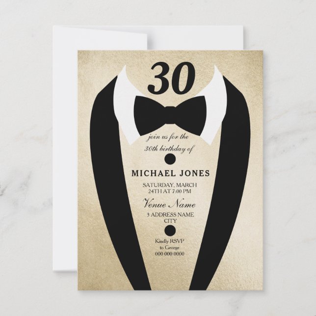 Gold Tuxedo Bow Tie Mens 30th Birthday Invite (Front)