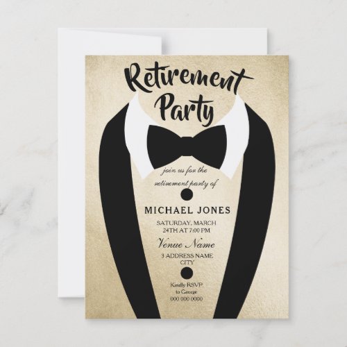 Gold Tuxedo Bow Tie Retirement Party Invite