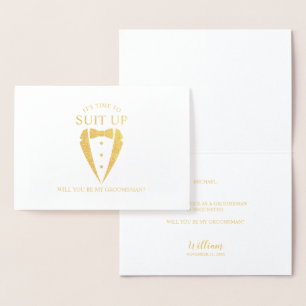 Gold Tuxedo Suit Personalized Groomsman Proposal Foil Card