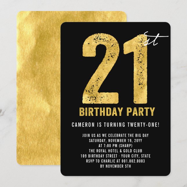 Gold Twenty One Modern 21st Birthday Party Invite (Front/Back)