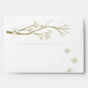 gold twig with flowers white wedding envelope